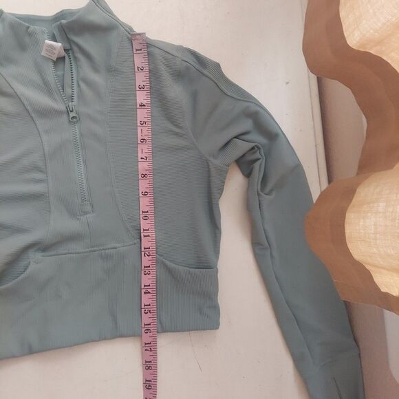 90 Degrees Reflex Green Ribbed Stretch Half Zip Cropped Long Sleeve Active Top M - Picture 7 of 9